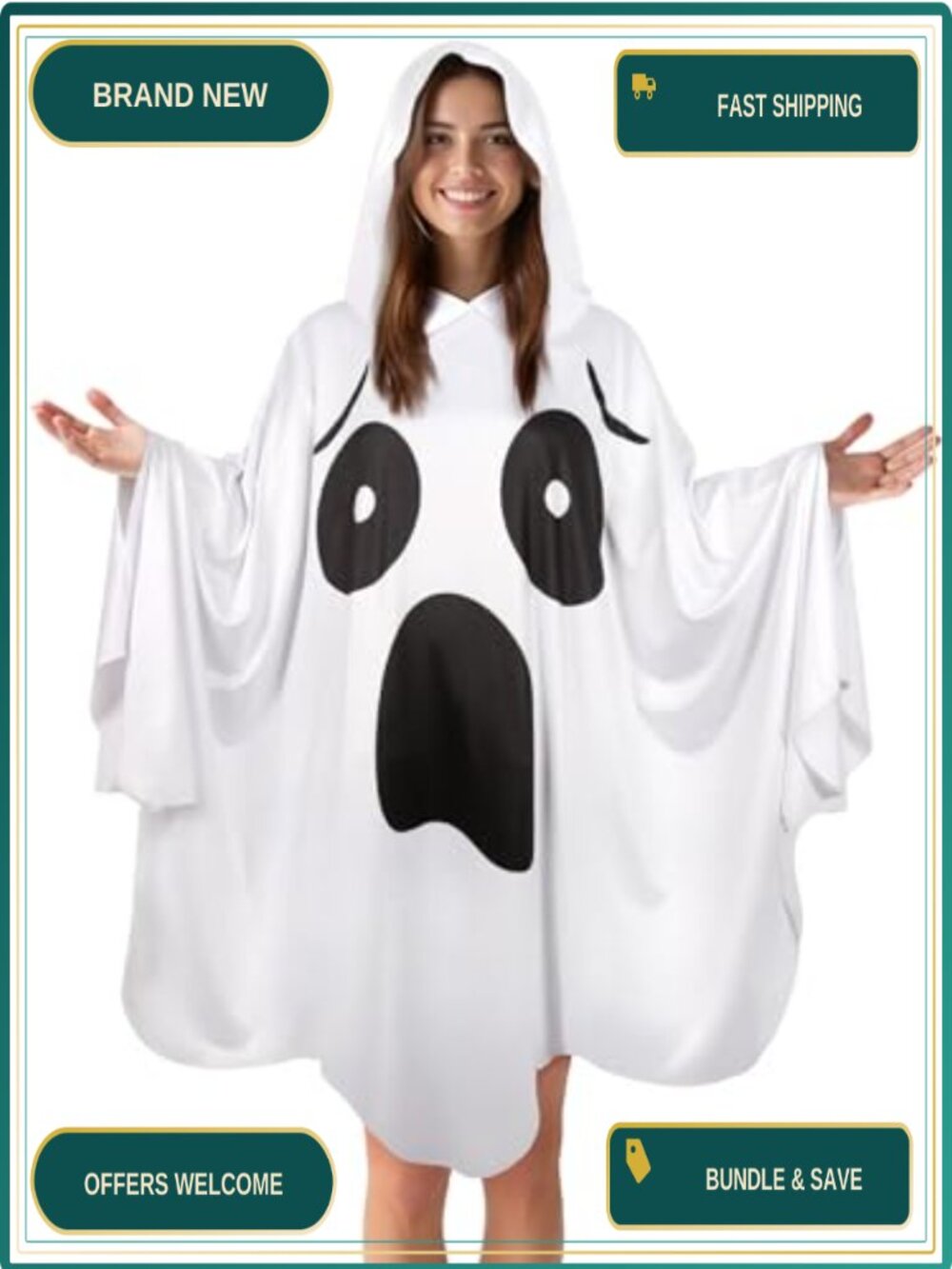 Adult White Hooded Poncho Ghost Costume with Face Print